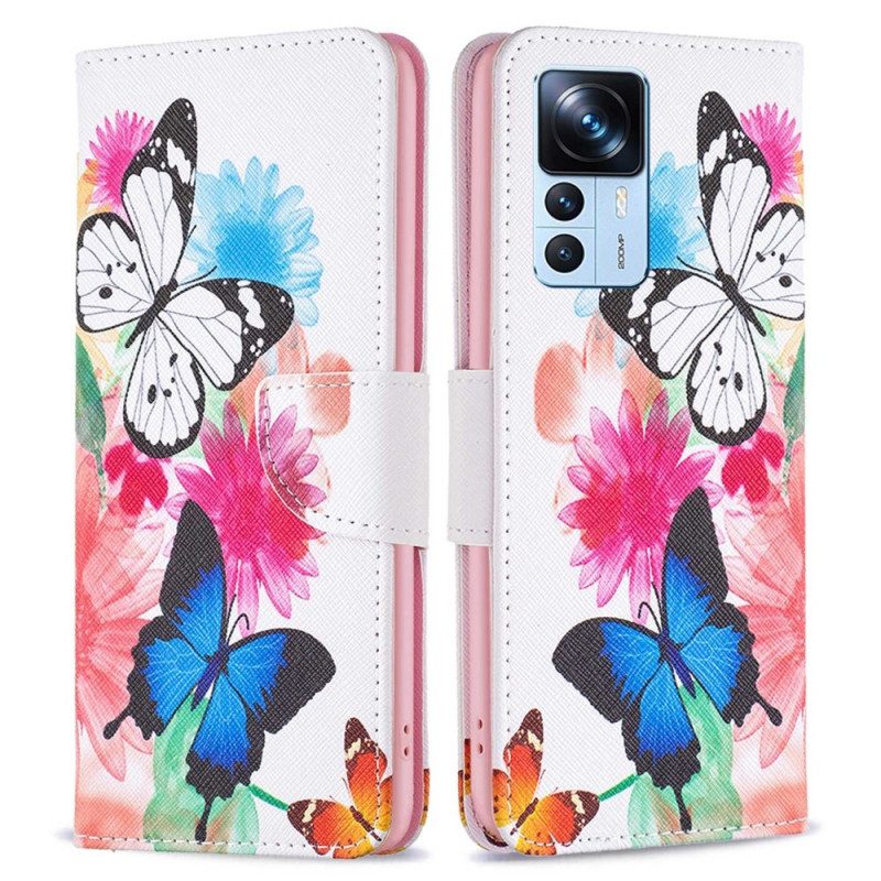 Folio-hoesje voor Xiaomi 12T / 12T Pro Geschilderde Vlinders En Bloemen