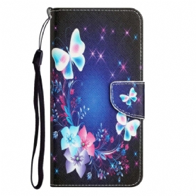 Leren Hoesje voor Xiaomi 12T / 12T Pro Lichtgevende Vlinders Met Lanyard