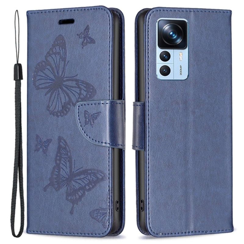 Leren Hoesje voor Xiaomi 12T / 12T Pro Met Ketting String Vlinders