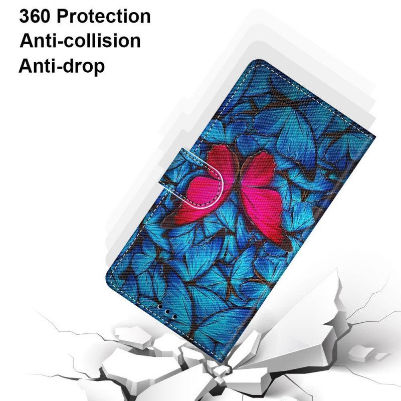 Folio-hoesje voor Samsung Galaxy A03 Core Rode Vlinder Blauwe Achtergrond