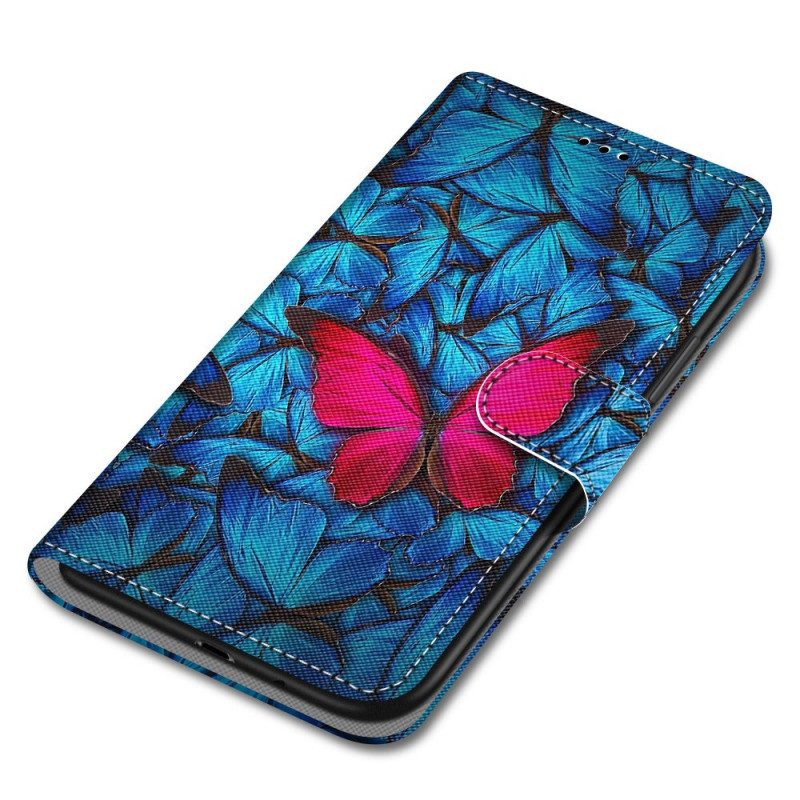 Folio-hoesje voor Samsung Galaxy A03 Core Rode Vlinder Blauwe Achtergrond