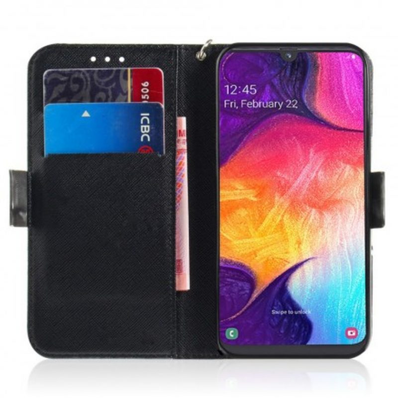 Folio-hoesje voor Samsung Galaxy A50 Met Ketting Grijze Kat Met Riem