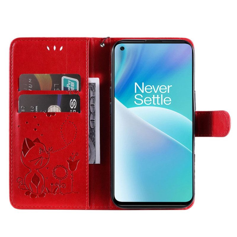 Folio-hoesje voor OnePlus Nord 2T 5G Met Ketting Kat En Bij Met Lanyard Kaarthouder