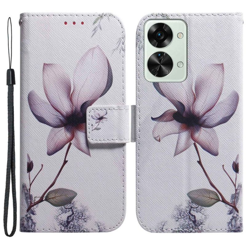 Folio-hoesje voor OnePlus Nord 2T 5G Met Ketting Strappy Roze Bloem