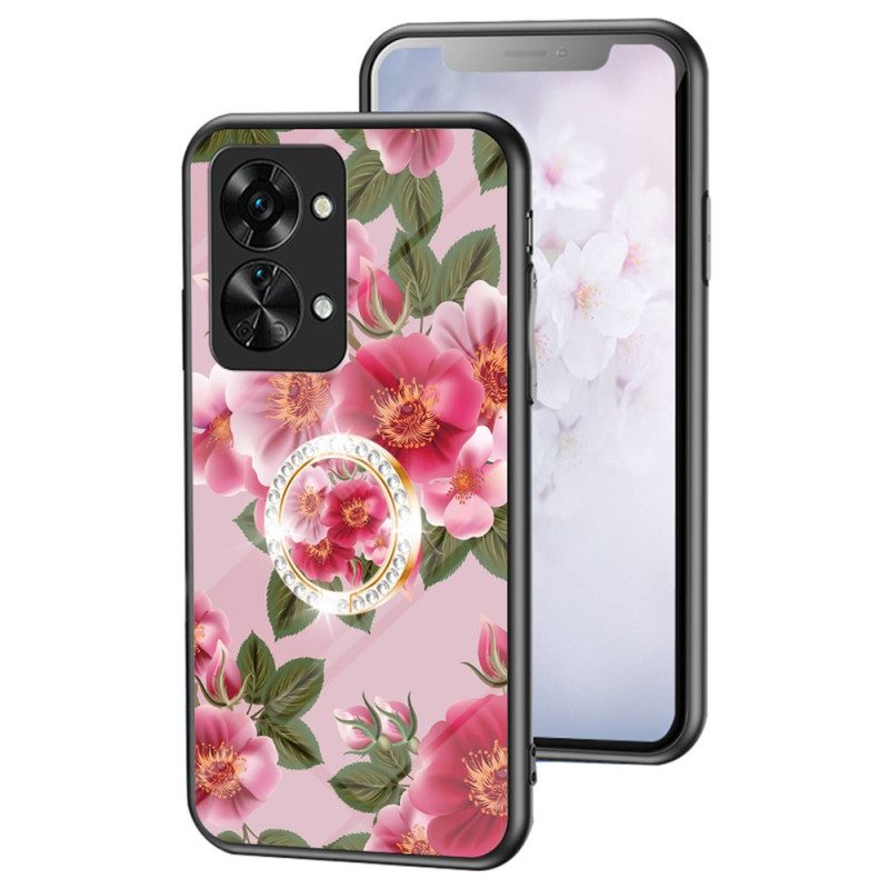 Hoesje voor OnePlus Nord 2T 5G Gehard Glas Bloemen Ring Diamanten