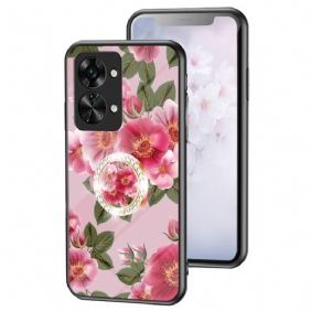 Hoesje voor OnePlus Nord 2T 5G Gehard Glas Bloemen Ring Diamanten