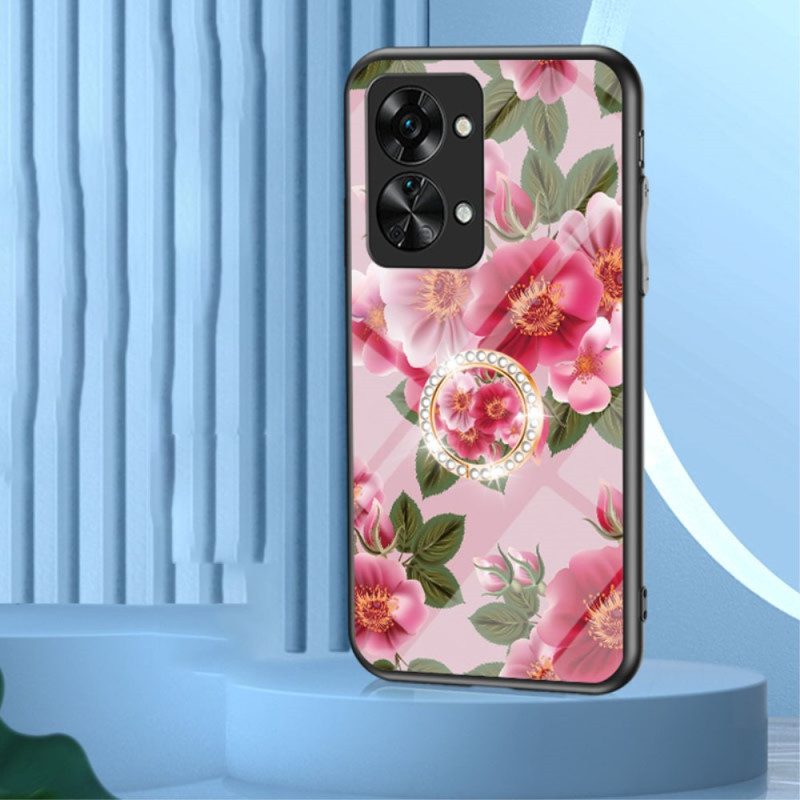 Hoesje voor OnePlus Nord 2T 5G Gehard Glas Bloemen Ring Diamanten