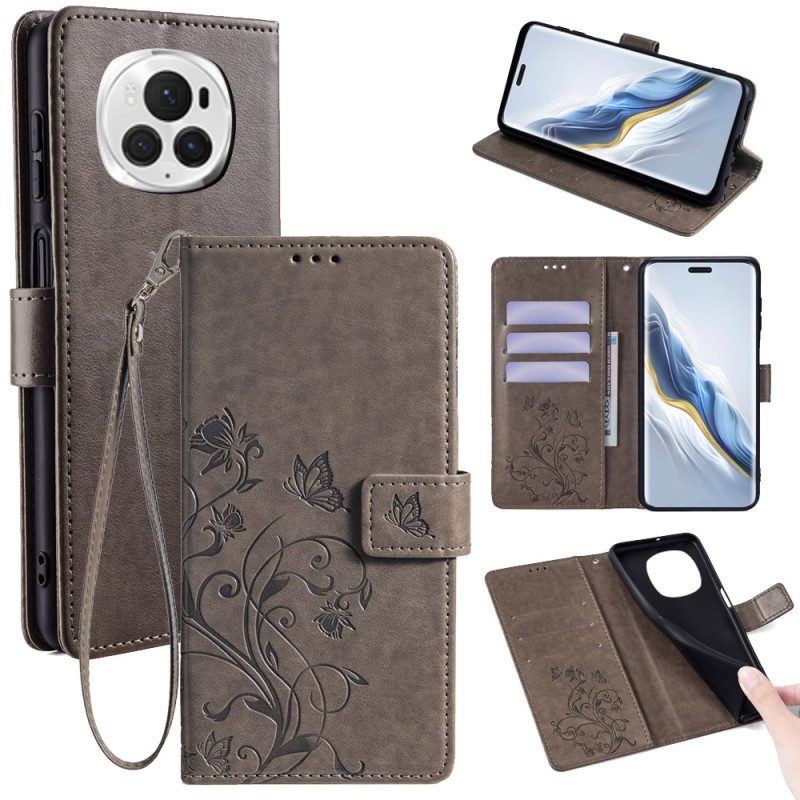 Leren Hoesje Honor Magic 6 Pro Patroon Met Vlinders En Bloemen Met Riempje