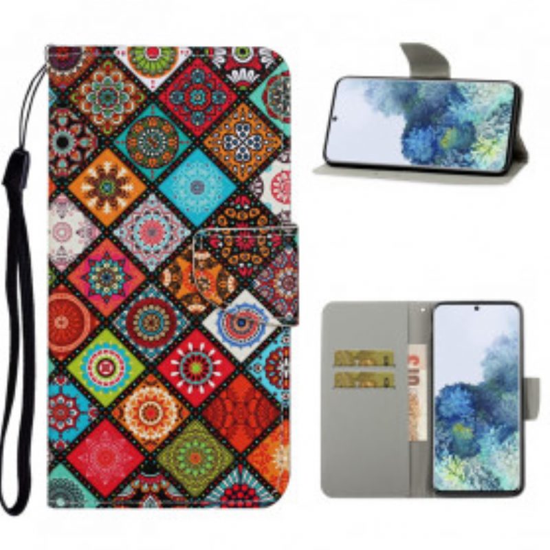 Flip Case voor Samsung Galaxy S21 Ultra 5G Lappendeken Mandala's Met Lanyard