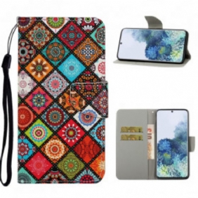 Flip Case voor Samsung Galaxy S21 Ultra 5G Lappendeken Mandala's Met Lanyard