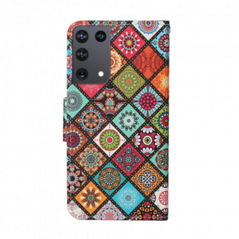 Flip Case voor Samsung Galaxy S21 Ultra 5G Lappendeken Mandala's Met Lanyard