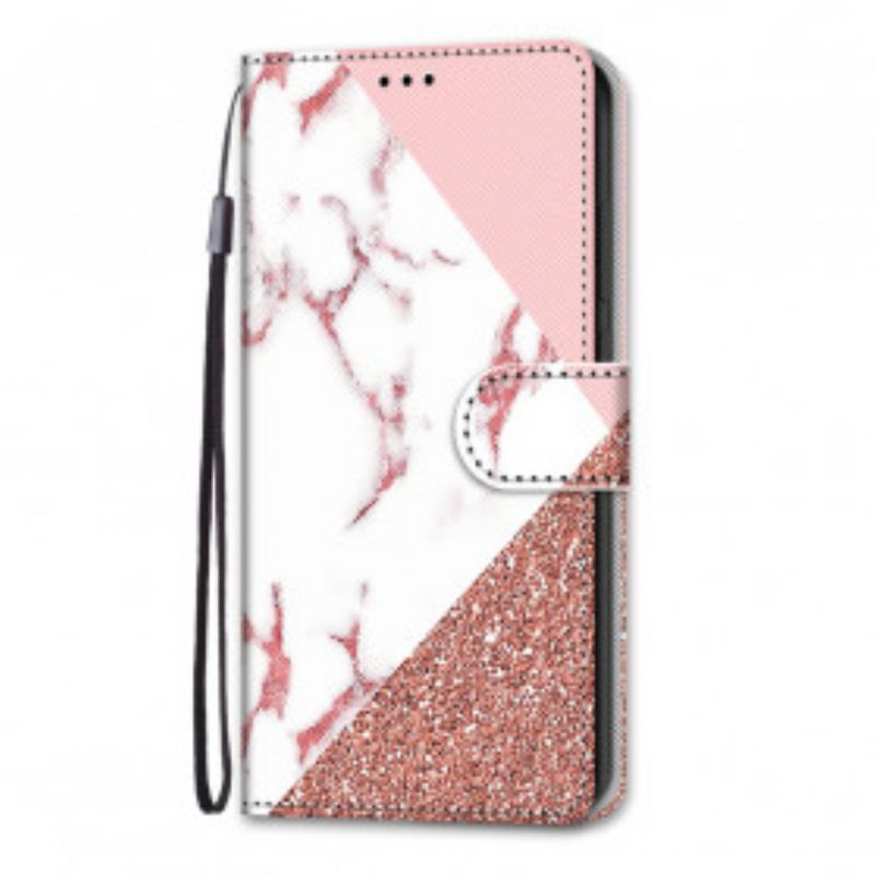 Flip Case voor Samsung Galaxy S21 Ultra 5G Marmer En Glitterdriehoek