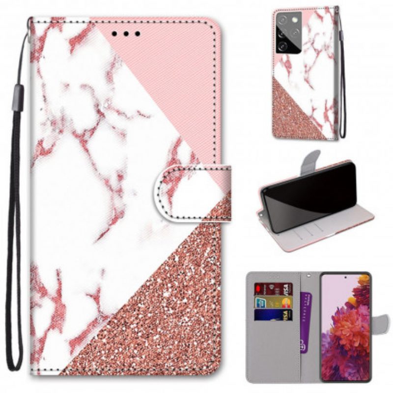 Flip Case voor Samsung Galaxy S21 Ultra 5G Marmer En Glitterdriehoek