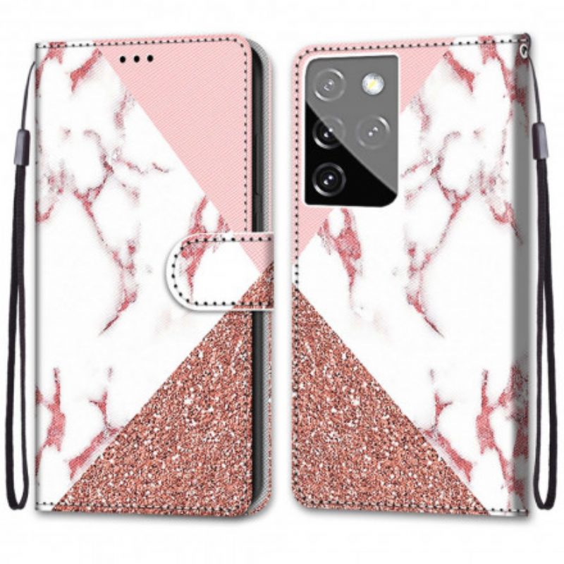 Flip Case voor Samsung Galaxy S21 Ultra 5G Marmer En Glitterdriehoek