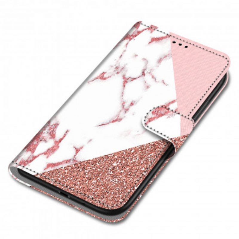 Flip Case voor Samsung Galaxy S21 Ultra 5G Marmer En Glitterdriehoek