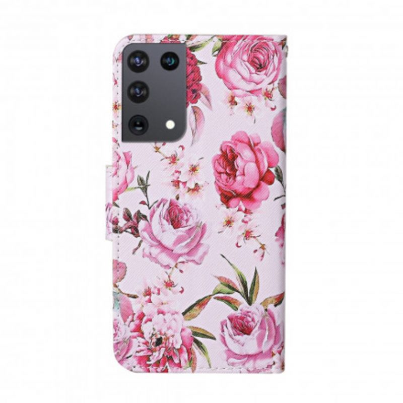 Flip Case voor Samsung Galaxy S21 Ultra 5G Meesterlijke Bloemen Met Riem