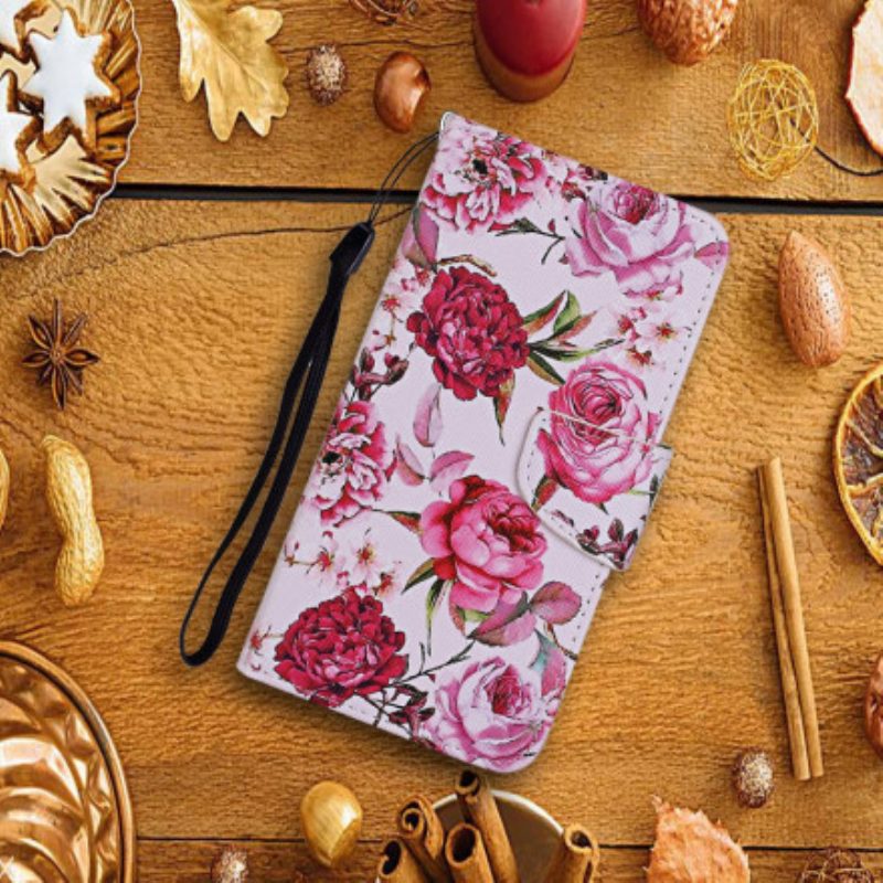 Flip Case voor Samsung Galaxy S21 Ultra 5G Meesterlijke Bloemen Met Riem