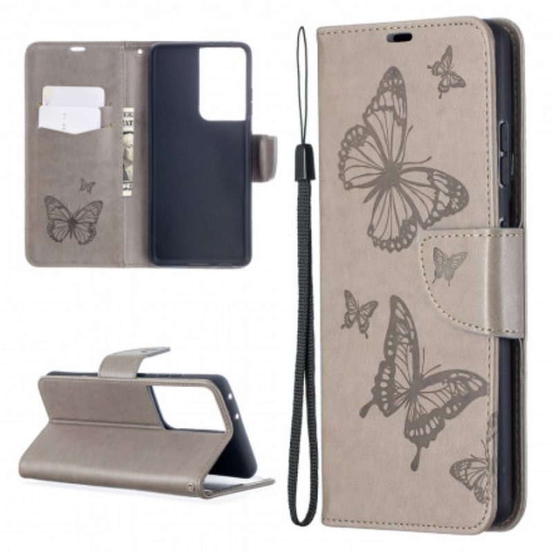 Flip Case voor Samsung Galaxy S21 Ultra 5G Vlinders Tijdens De Vlucht Met Lanyard