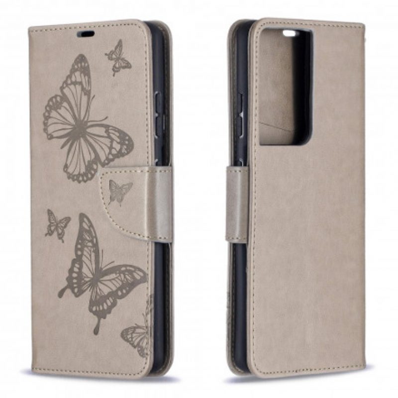 Flip Case voor Samsung Galaxy S21 Ultra 5G Vlinders Tijdens De Vlucht Met Lanyard