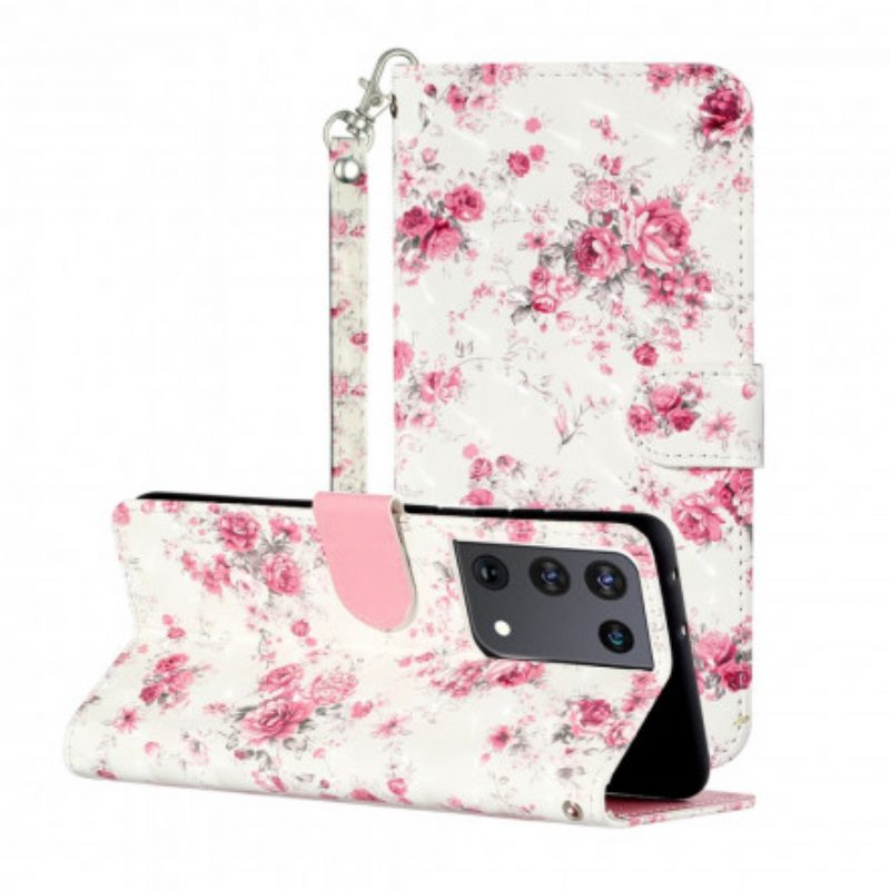 Folio-hoesje voor Samsung Galaxy S21 Ultra 5G Met Ketting Band Lichtvlek Bloemen