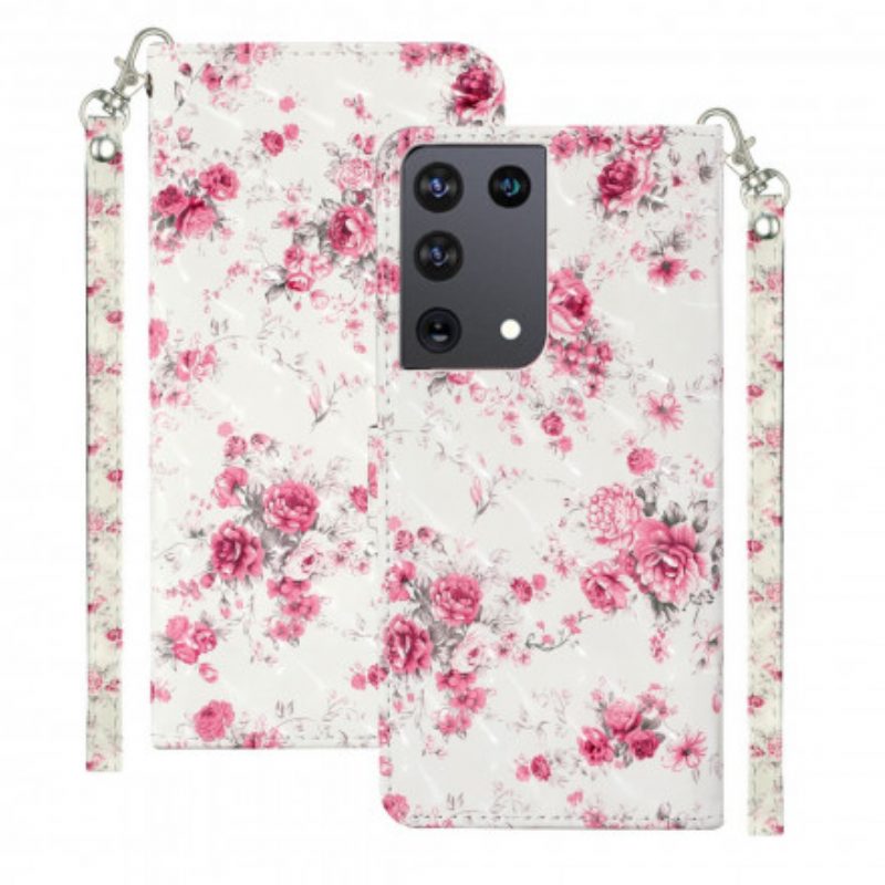 Folio-hoesje voor Samsung Galaxy S21 Ultra 5G Met Ketting Band Lichtvlek Bloemen