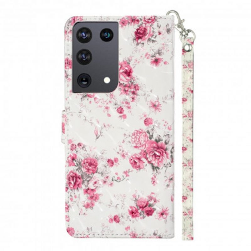 Folio-hoesje voor Samsung Galaxy S21 Ultra 5G Met Ketting Band Lichtvlek Bloemen