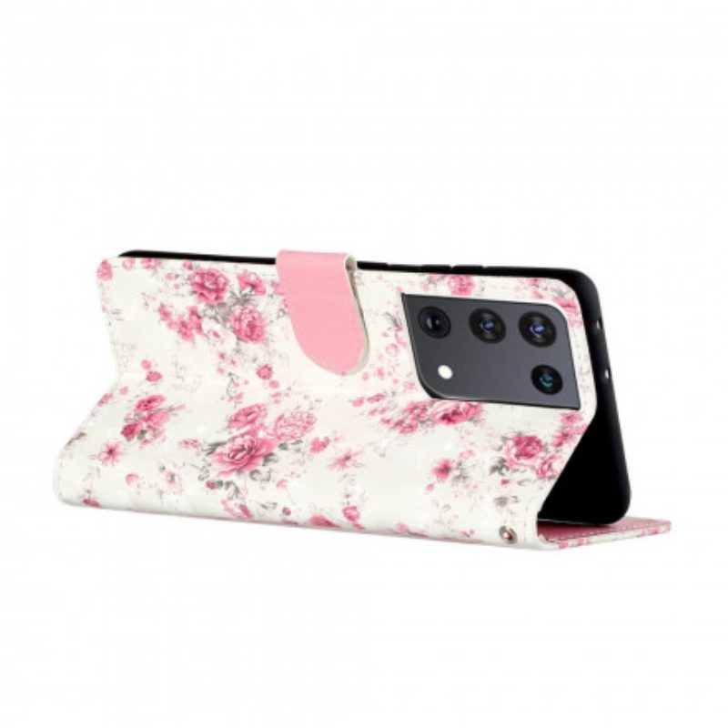 Folio-hoesje voor Samsung Galaxy S21 Ultra 5G Met Ketting Band Lichtvlek Bloemen