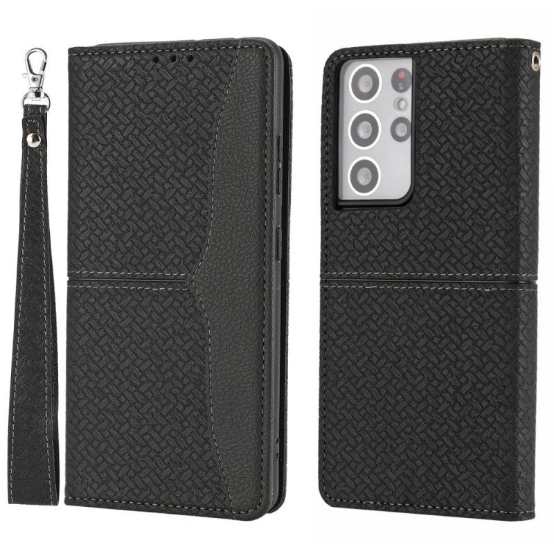 Folio-hoesje voor Samsung Galaxy S21 Ultra 5G Met Ketting Geweven Leren Stijl Met Bandjes