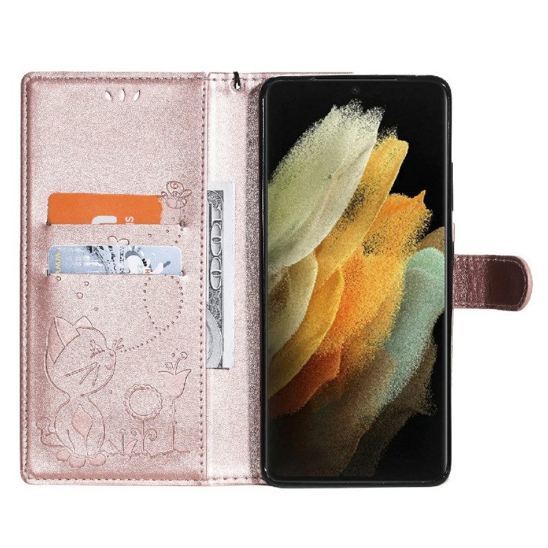 Folio-hoesje voor Samsung Galaxy S21 Ultra 5G Met Ketting Kat En Bij Met Lanyard