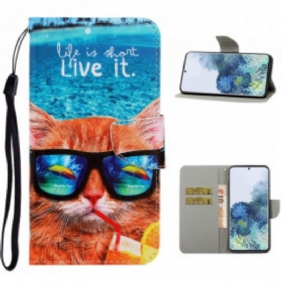 Folio-hoesje voor Samsung Galaxy S21 Ultra 5G Met Ketting Kat Live It Strappy