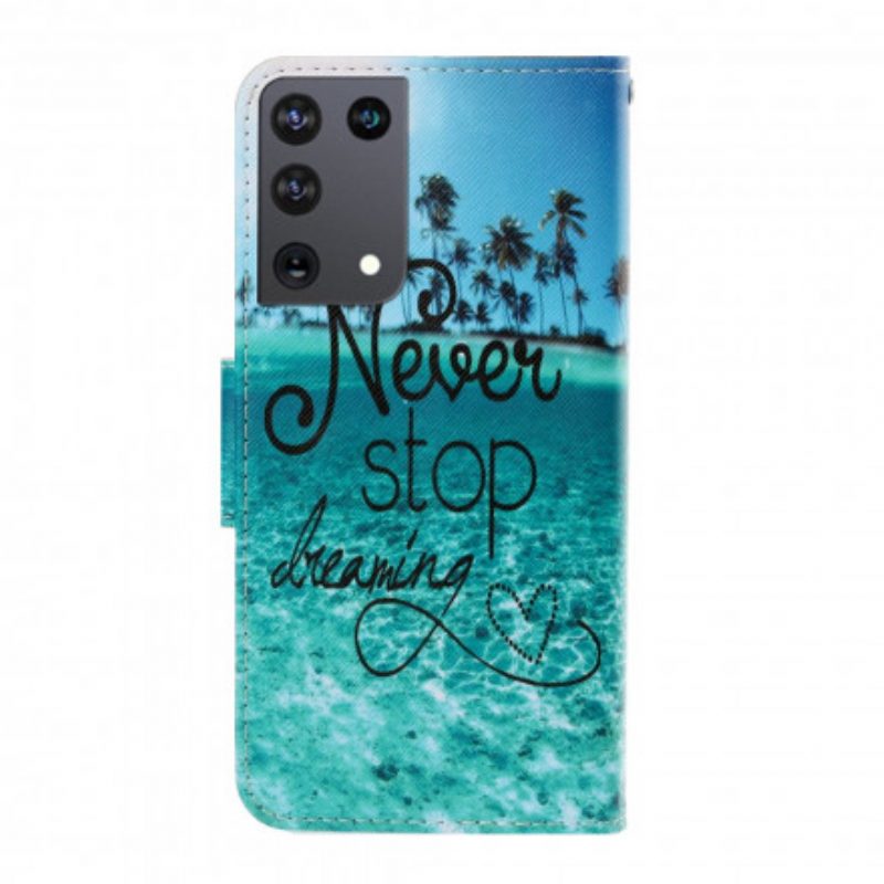 Folio-hoesje voor Samsung Galaxy S21 Ultra 5G Met Ketting Stop Nooit Met Dromen In Marineblauwe Bandjes