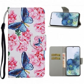 Folio-hoesje voor Samsung Galaxy S21 Ultra 5G Vlinders Floral Lanyard