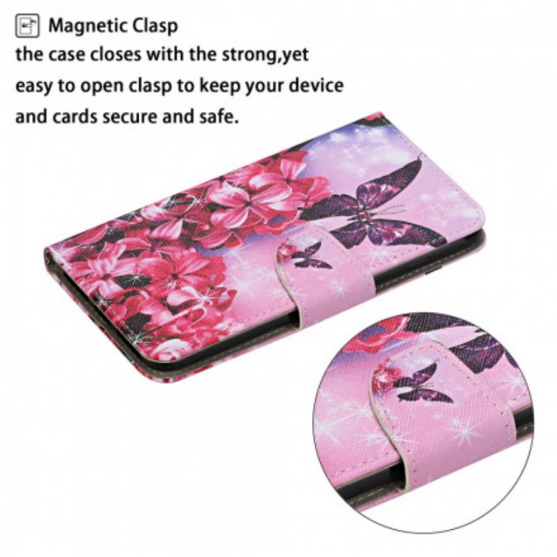 Folio-hoesje voor Samsung Galaxy S21 Ultra 5G Vlinders Floral Lanyard