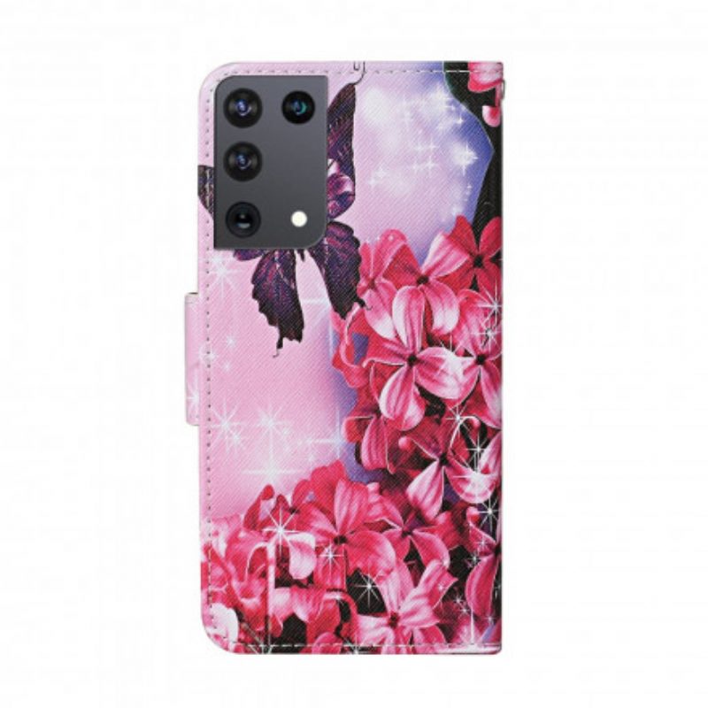 Folio-hoesje voor Samsung Galaxy S21 Ultra 5G Vlinders Floral Lanyard