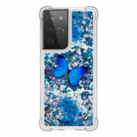 Hoesje voor Samsung Galaxy S21 Ultra 5G Glitter Blauwe Vlinders