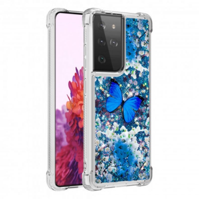 Hoesje voor Samsung Galaxy S21 Ultra 5G Glitter Blauwe Vlinders