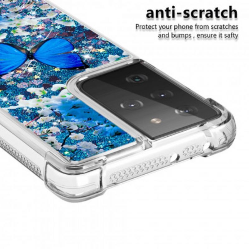 Hoesje voor Samsung Galaxy S21 Ultra 5G Glitter Blauwe Vlinders