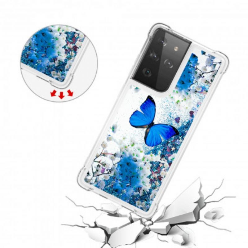 Hoesje voor Samsung Galaxy S21 Ultra 5G Glitter Blauwe Vlinders