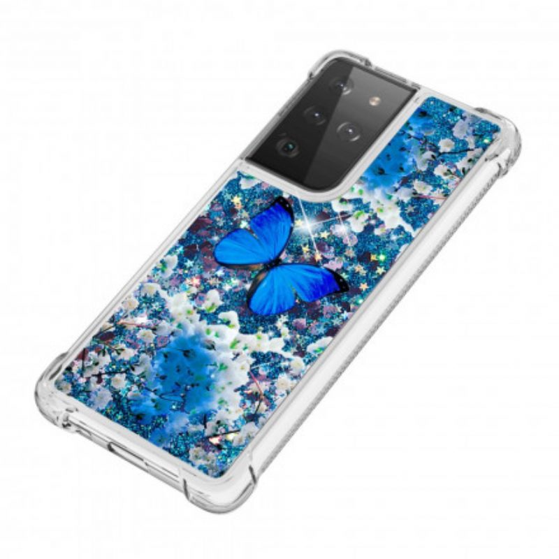 Hoesje voor Samsung Galaxy S21 Ultra 5G Glitter Blauwe Vlinders