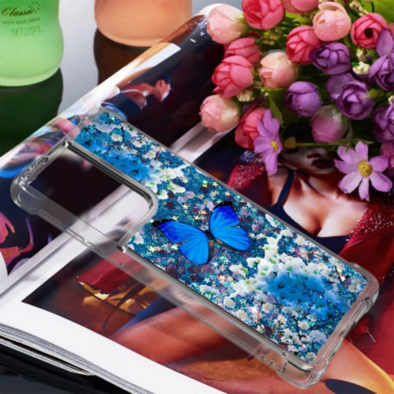 Hoesje voor Samsung Galaxy S21 Ultra 5G Glitter Blauwe Vlinders