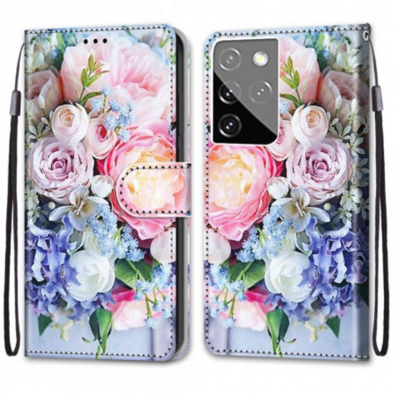 Leren Hoesje voor Samsung Galaxy S21 Ultra 5G Bloemen Wonder