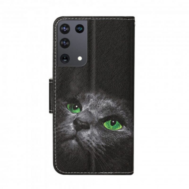 Leren Hoesje voor Samsung Galaxy S21 Ultra 5G Kat Met Groene Ogen En Koord