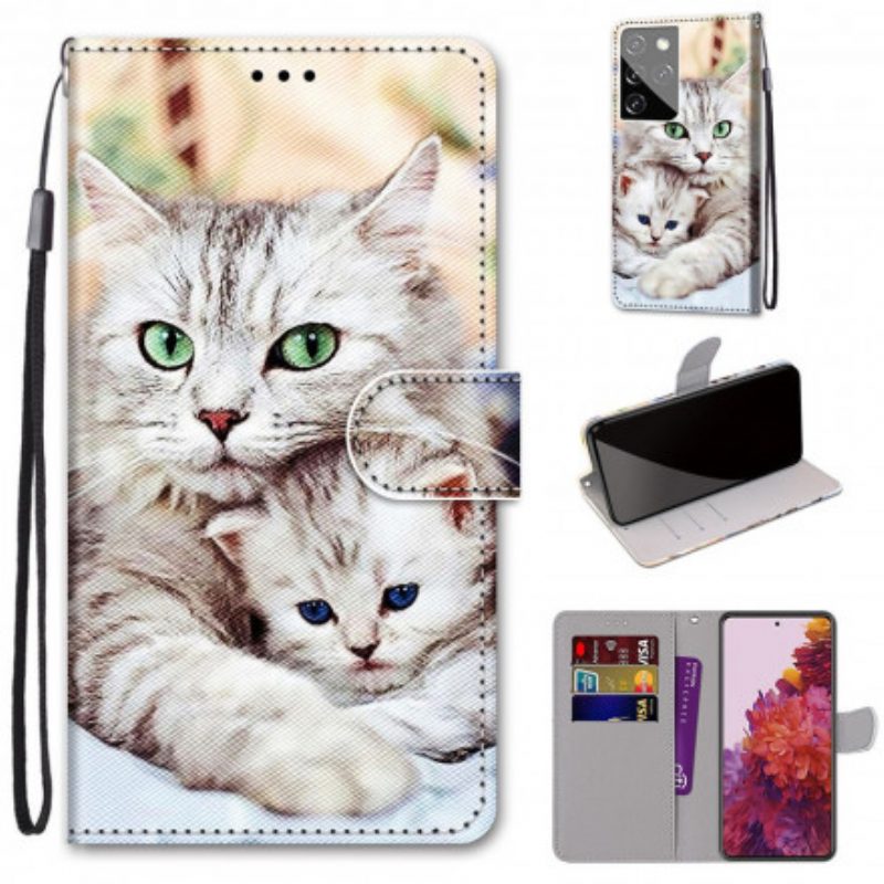 Leren Hoesje voor Samsung Galaxy S21 Ultra 5G Katten Familie