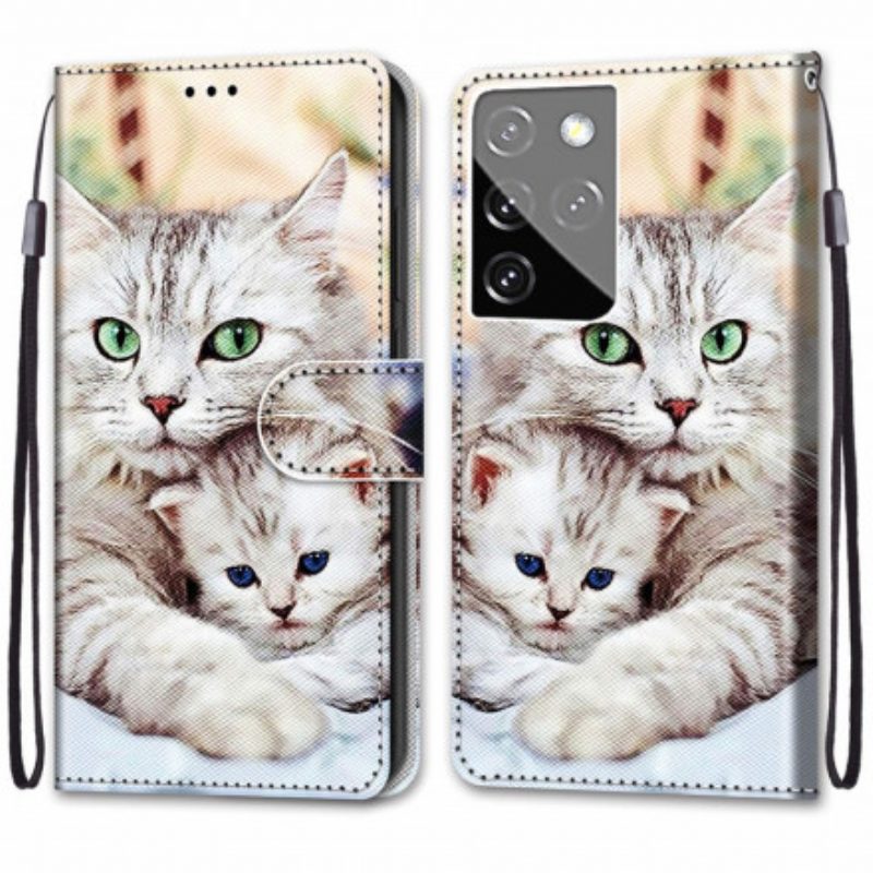 Leren Hoesje voor Samsung Galaxy S21 Ultra 5G Katten Familie