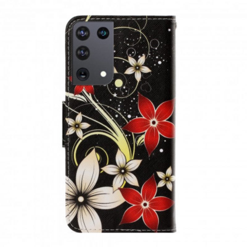 Leren Hoesje voor Samsung Galaxy S21 Ultra 5G Met Ketting Kleurrijke Strappy Bloemen