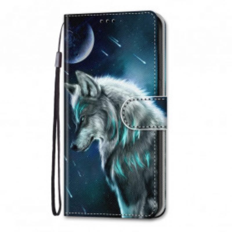 Leren Hoesje voor Samsung Galaxy S21 Ultra 5G Wolf Onder Een Regen Van Sterren