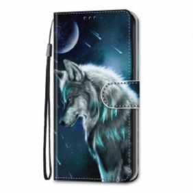 Leren Hoesje voor Samsung Galaxy S21 Ultra 5G Wolf Onder Een Regen Van Sterren