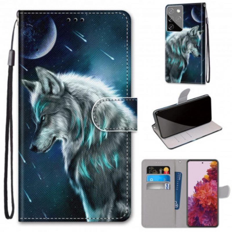 Leren Hoesje voor Samsung Galaxy S21 Ultra 5G Wolf Onder Een Regen Van Sterren