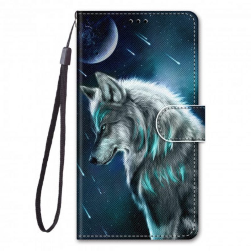 Leren Hoesje voor Samsung Galaxy S21 Ultra 5G Wolf Onder Een Regen Van Sterren