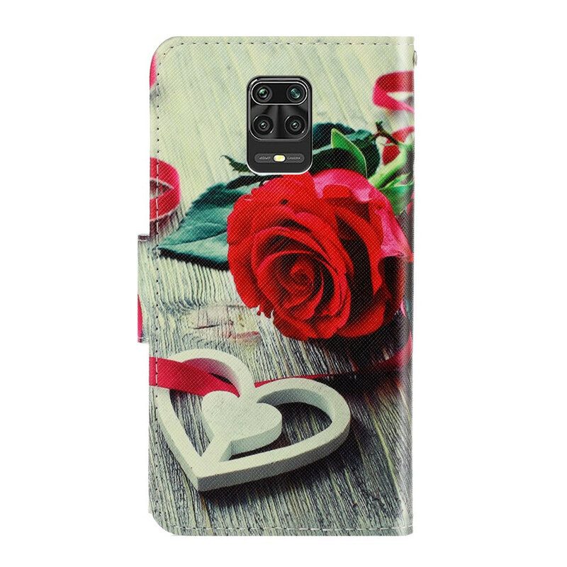 Folio-hoesje voor Xiaomi Redmi Note 9S / 9 Pro Met Ketting Romantische Roos Met Riem